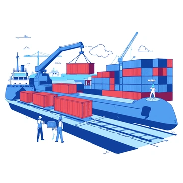 A cargo train being loaded with containers from a nearby ship at a bustling harbor