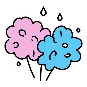 A cluster of hydrangea flowers, showcasing vibrant pink and blue petals. Each petal is adorned with round, clear raindrops, which glisten as light reflects off their surfaces. The flowers are partially open, revealing their intricate textures and details. A soft light drizzle falls around them, creating a fresh and moist atmosphere. The background is softly blurred, emphasizing the beauty of the hydrangea blooms.