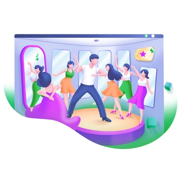 A dynamic scene depicting a "dance instructor" in action, leading a group of enthusiastic "students" in a "lively salsa class." The instructor is demonstrating steps, surrounded by students who are following along, displaying various dance poses. The room is filled with "mirrors," reflecting the participants' movements, and there are "colorful decorations" adorning the walls, enhancing the energetic atmosphere. "Bright lights" illuminate the space, capturing the lively spirit of the dance class.