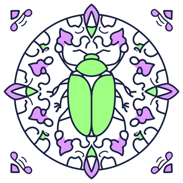 A large scarab beetle is featured prominently in the center of a mosaic artwork. The beetle is detailed and textured, showcasing its distinct shape and features. Surrounding the beetle is a symmetrical pattern created with various geometric shapes that complement the beetle's form. The mosaic includes intricate designs and repetitive motifs that radiate outward from the center, enhancing the overall composition. Each section of the pattern is carefully arranged, creating a harmonious balance across the artwork.