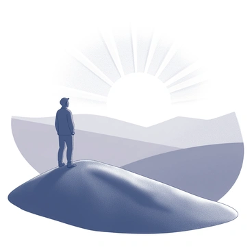 A silhouette of a person stands on a hilltop. The figure is upright, gazing towards the horizon where the sun is beginning to rise. The sun is depicted as a bright sphere just above the horizon line, casting radiating lines of light. The hilltop is gently sloping, with a smooth texture. The background features distant hills that form a layered effect leading towards the horizon. The sky encompasses a gradient of light surrounding the sun, creating a sense of dawn breaking.