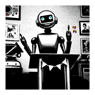 A friendly robot serving as an announcer at a retro-themed event, surrounded by vintage decorations.