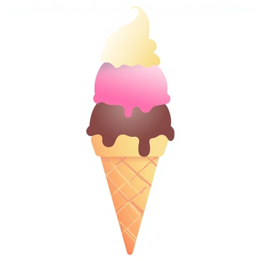 A tall cone of ice cream stands prominently in the foreground. The cone is a waffle cone with a textured surface. Atop the cone are three scoops of ice cream, each a different flavor and color. The bottom scoop is a vibrant pink strawberry flavor, the middle scoop is a rich chocolate brown, and the top scoop is a creamy pale yellow vanilla. The ice cream is slightly melting, with drips cascading down the sides of the cone. The background is softly blurred to keep the focus on the ice cream cone.