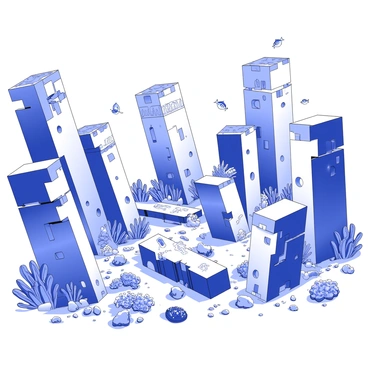 Ruins of an ancient city are submerged underwater. Crumbling stone structures can be seen, with intricate carvings partially eroded by time and water. Tall columns rise from the seafloor, some leaning at odd angles. Schools of small fish swim among the debris, darting in and out of broken walls. Coral and other marine flora cover the surfaces, creating a vibrant habitat amidst the ruins. Sunlight filters through the water, illuminating patches of the city and casting ghostly shadows on the sea floor.