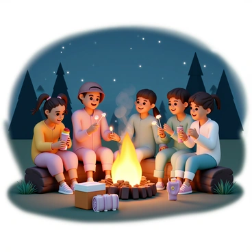 Kids gathered around a campfire at night, sipping juice boxes while toasting marshmallows.