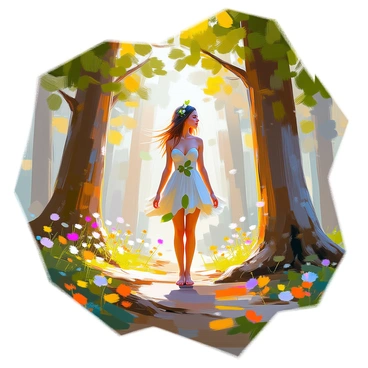 A gentle wood nymph with delicate features and flowing hair stands gracefully in the center of an ancient woodland. She is dressed in a dress made of leaves and soft petals that blend harmoniously with her surroundings. Tall, majestic trees surround her, their trunks thick and gnarled, with lush green foliage filtering sunlight that creates dappled patterns on the forest floor. Wildflowers in various colors bloom scattered around her, adding a touch of vibrancy to the scene. The atmosphere is serene, filled with the sounds of rustling leaves and distant birdsong.