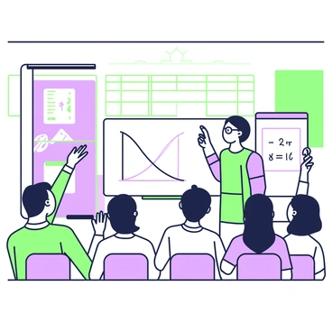 A math teacher stands in front of a whiteboard, explaining a quadratic equation to a group of attentive students. The teacher has glasses and is wearing a blue shirt, holding a marker in their right hand while pointing at the equation on the board. The whiteboard displays the quadratic formula and a graph of a parabola. Several students can be seen in the foreground, raising their hands to ask questions. The classroom contains desks arranged in rows and colorful educational posters on the walls. A window with blinds is visible in the background, allowing light to fill the space.