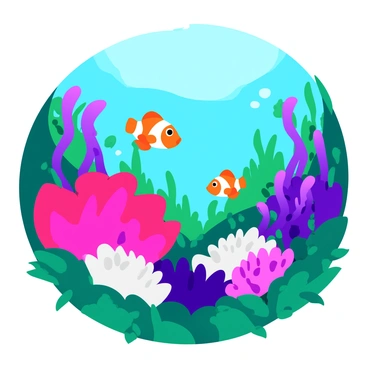 A vibrant garden of "anemones" with various colors including pink, purple, and white blooms. Brightly colored "clownfish" swim gracefully between the flowing tentacles of the anemones. The scene is filled with lush greenery surrounding the anemones, creating a lively underwater atmosphere. Sunlight filters through the water, casting a soft glow on the colorful fish and plants, enhancing the vibrant colors.
