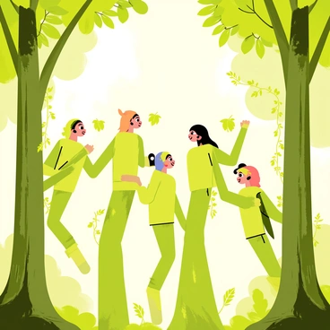 A group of forest spirits emerging from tall, green trees. Each spirit features a silhouette that is partially translucent, blending harmoniously with the surrounding foliage. Their bodies are adorned with vibrant leaves in various shades of green, with some spirits having tendrils of vines cascading down. The spirits display different expressions, ranging from playful to serene, as they interact with the natural elements around them. Sunlight filters through the tree canopy, casting dappled light onto the forest floor, enhancing the magical atmosphere of the scene.