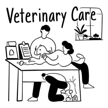 A veterinarian wearing a white coat is kneeling beside a dog on a table in a clinic. The dog is a medium-sized breed with a fluffy coat, lying calmly as the veterinarian gently wraps a bandage around its paw. Various veterinary tools are arranged neatly on a nearby table. There are medical charts and a stethoscope visible in the background, along with a potted plant on a windowsill. The words "Veterinary Care" are displayed prominently on the wall behind them.