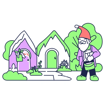 A vintage gnome postman is standing on a path lined with trees, delivering tiny letters to a row of woodland homes. The gnome is wearing a traditional red hat and a green vest, with a small satchel slung across his shoulder filled with letters. Each letter is distinctly small and colorful. The woodland homes are made of natural materials, with thatched roofs and rounded doors. The gnome is positioned in between two of the homes, holding a letter in one hand and looking towards the door of the nearest house. Small flowerbeds with various plants are visible in front of each home, adding charm to the scene.
