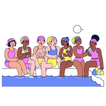 A water polo team consisting of six players sits on the poolside. They are wearing matching swim caps, each in bright colors, and their swimsuits are similarly coordinated. Some team members are laughing together while others are stretching and sipping water from clear bottles. A few teammates are leaning against each other, creating a friendly atmosphere. Nearby, there is a large blue pool with waves gently lapping at the edge. The sun casts soft shadows, and a colorful floating pool toy is visible in the background.