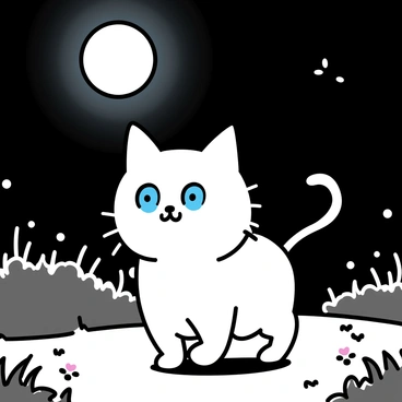 A ragdoll cat with soft, fluffy fur is cautiously stepping through a backyard illuminated by moonlight. Its blue eyes are glowing in the dark, reflecting the light of the moon. The backyard is filled with tall grass and scattered flowers, with shadows playing across the ground. The moon hangs low in the sky, casting a gentle glow over the scene, while the cat's curious expression suggests it is engaged in a quiet exploration of its surroundings.