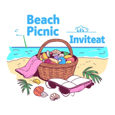 A vibrant picnic invitation is displayed on a white background. In the foreground, there is a detailed illustration of a wicker basket filled with colorful food items, such as sandwiches, fruits, and snacks. Surrounding the basket, a sandy shoreline is depicted, with soft waves gently lapping at the beach. In the distance, a bright blue sky meets the horizon, adding depth to the scene. The words “Beach Picnic Invitation” are artistically integrated into the design, with decorative elements such as seashells and palm leaves framing the text.