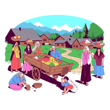 A vibrant scene in a Pahalgam village showcasing people in traditional attire. In the foreground, a group of men dressed in colorful shawls is gathered around a wooden cart filled with fresh produce. Nearby, women wearing beautiful embroidered garments are seen carrying baskets on their heads, filled with fruits and vegetables. A child is playing with a wooden toy near a stone pathway that leads through the village. The backdrop features traditional wooden houses with slate roofs, surrounded by lush green trees and distant mountains under a clear blue sky. The atmosphere is lively with the daily activities of village life.