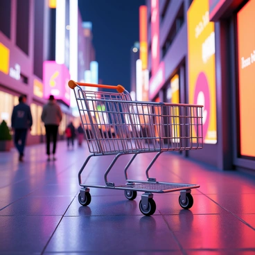 An empty cart under the glow of neon lights in a bustling city at night