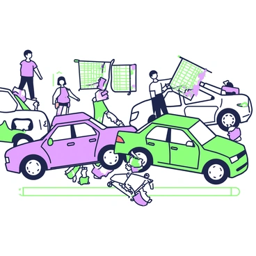 A crowded parking lot filled with various parked cars. In the center, two cars have slightly bumped into each other, revealing minor damage on their bumpers. One car is a compact sedan, while the other is an SUV. Nearby, several shopping carts are scattered around, with one cart tipped over on its side, showing a few items that have rolled out. People can be seen walking between the cars, some pushing their own shopping carts filled with groceries. The asphalt is visible, marked with parking lines and the faint outline of a designated parking space.