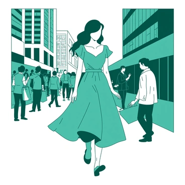 A teal fashionable individual is walking confidently down a bustling city street. The chic ruffle dress flows elegantly around them, creating a dynamic movement as they stride. Surrounding the individual, there are groups of people engaged in various activities, such as chatting on their phones or carrying shopping bags. Tall buildings with large glass windows rise on either side of the street, reflecting the vibrant energy of the city. The scene captures the essence of urban life, full of motion and style.