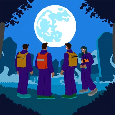 A group of four Ghostbusters wearing proton packs and jumpsuits stand in an eerie graveyard at night. The full moon casts a silvery light, illuminating the tombstones and shadows around them. Ghostly spirits with semi-transparent forms lurk in the background, partially hidden between the gravestones. Wisps of mist curl around the ground, adding to the spooky atmosphere. The Ghostbusters are alert, ready with their equipment as they scan the surroundings for paranormal activity. The scene conveys a sense of tension and anticipation.