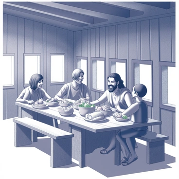 A wooden interior of a large, rustic ark with a high ceiling made of exposed beams. Noah, a bearded man wearing simple, traditional clothing, sits at a wooden table surrounded by his family. The table is laden with various foods, including large loaves of bread and bowls filled with fruits and vegetables. Each family member is engaged in conversation, exchanging smiles and laughter. Bright light filters through wooden portholes, casting shadows on the walls. The atmosphere conveys a sense of togetherness and harmony as they share their meal.