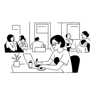 An illustrator is seated at a wooden table inside a trendy cafe in Vancouver. The artist is focused on their laptop, with a stylus in hand, working on a digital illustration. Around them, various patrons are engaged in conversation and enjoying their drinks. The cafe features modern decor, with large windows allowing natural light to spill in. A potted plant is placed near the illustrator, and a coffee cup sits beside their laptop. The illustrator has short hair, wearing a casual graphic t-shirt and glasses.