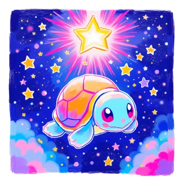 A Squirtle is floating in a vast starry space, surrounded by a multitude of twinkling stars. The Squirtle has its trademark blue shell and large round eyes, with a small smile on its face. Above it, a "stellar crown" made of bright, glowing stars casts a radiant light, illuminating the surrounding space. The backdrop features deep shades of blue and purple, enhancing the contrast of the vivid stars. The Squirtle appears to be gliding gracefully, with tiny bubbles trailing behind it, adding to the sense of movement through the cosmos.