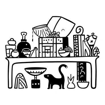 A table filled with various cultural trinkets and heirlooms arranged beautifully. There are ornate bowls, intricately designed jewelry pieces, and woven textiles. A large, decorative box sits in the center, with its lid partially open, showcasing even more delicate items inside. Surrounding the table are small sculptures and figurines representing different cultural symbols. Each item is meticulously detailed, capturing the craftsmanship and history of the pieces.