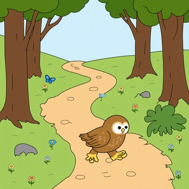 A small baby owl with fluffy brown feathers and wide, curious eyes is walking along a winding forest path. The path is surrounded by tall trees with green leaves and thick trunks. Sunlight filters through the branches, casting gentle shadows on the ground. The owl's tiny feet leave small impressions in the soft, earthy path. A few colorful wildflowers peek out from the underbrush, adding pops of color to the scene. The atmosphere is lively, with a few butterflies fluttering around the owl as it explores its surroundings.