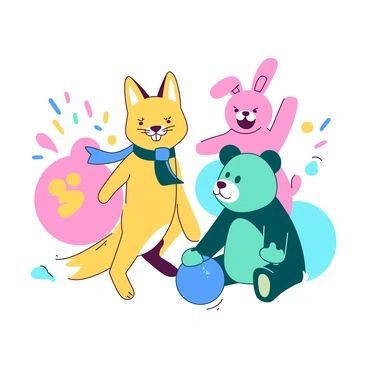 A yellow fox character with a sly grin wearing a small blue scarf. The fox is standing on its hind legs, one paw raised in a playful wave. Beside the fox, a pink rabbit character with large expressive eyes and long ears is jumping joyfully, its big smile reflecting excitement. A teal bear with a friendly expression is sitting down, holding a blue ball with both paws, ready to play. Behind these characters, there are colorful shapes and patterns that add vibrancy to their playful interactions.