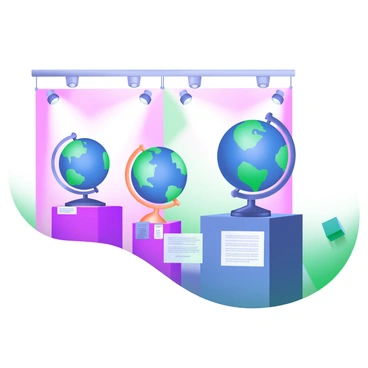 A modern pastel illustration showcasing a collection of various sized globes on display in a museum exhibit. The globes are arranged on sleek display pedestals, each globe featuring different geographical details and colors. Behind the globes, there are soft pastel-colored walls and spotlights illuminating each globe. The floor is polished, reflecting the vibrant hues of the globes. A small information plaque is positioned next to one of the globes, providing details about its significance and history.