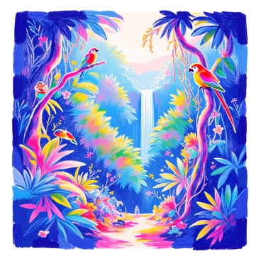 A dense canopy of a rainforest is filled with vibrant green leaves and thick branches. Sunlight filters through the foliage, creating dappled light on the rich, dark soil below. Various species of birds with bright plumage can be seen perched on branches. Vines hang down from the trees, and colorful flowers bloom among the leaves. In the background, a distant waterfall can be glimpsed, with mist rising and creating a humid atmosphere. Small animals, such as monkeys and insects, are visible, adding to the lively scene.