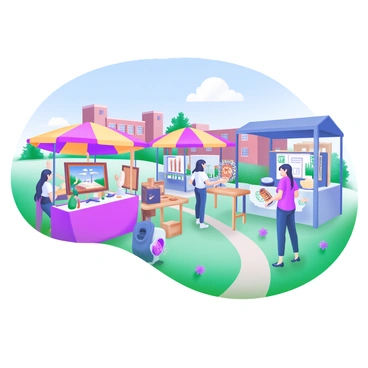 A vibrant outdoor scene depicting an art festival on a Canadian campus. Various booths lined with colorful canopies showcase a variety of student artworks, including paintings, sculptures, and handmade crafts. Some students are interacting with visitors, explaining their creations. The campus architecture is visible in the background, featuring red brick buildings and green lawns. Bright flowers and trees enhance the lively atmosphere, while a clear blue sky overhead adds to the cheerful setting.