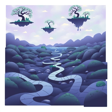 A dark landscape with twisted, winding paths is scattered throughout. The ground is uneven and rocky, with patches of dark grass intermingling with cracked earth. Above, there are floating islands at various heights, each with strange, twisted trees and unusual rock formations. The sky is a mix of deep purples and blues, with swirling clouds that create an unsettling atmosphere. Shadows stretch across the landscape, giving the scene a sense of depth and mystery. Some of the twisted paths lead to nowhere, while others seem to vanish into the clouds.