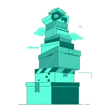 A teal towering stack of various boxes in different sizes and designs is reaching the sky. The boxes are adorned with colorful patterns, including stripes and polka dots, creating a vibrant display. Some boxes are closed, while others are partially open, revealing glimpses of their contents. The stack is balanced precariously, showcasing the skillful arrangement that defies gravity. In the background, a clear sky enhances the height of the stack, emphasizing its impressive presence.