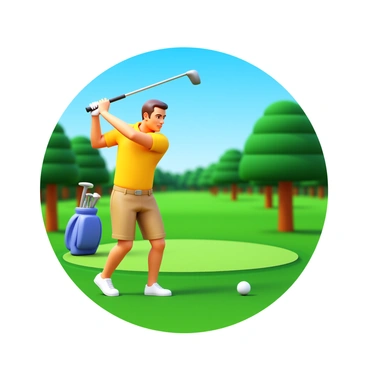 A golfer in a bright polo shirt and khaki shorts is swinging a golf club on a well-manicured green course. The golfer has a focused expression as they prepare to make contact with the golf ball. Nearby, there is a golf bag with various clubs visible, resting on the grass. In the background, lush trees line the edges of the course under a clear blue sky. The scene captures a moment of concentration and athleticism in an outdoor setting.