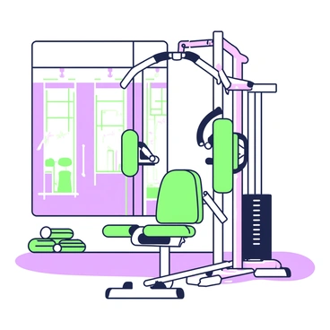 A lat pulldown machine is positioned in a modern gym environment. The machine has a clean and streamlined design, featuring a vertical frame with a horizontal bar at the top. The seat is adjustable, with ergonomic padding for comfort. The pulldown cable is connected to a smooth pulley system, and weights are stacked neatly on one side of the machine. In the background, there are large mirrors reflecting various gym equipment, including free weights and exercise mats. The flooring is a smooth surface, contributing to the minimalist aesthetic of the space.
