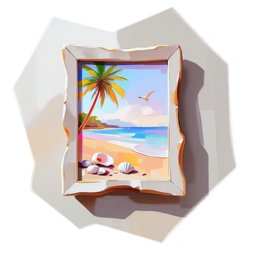 A driftwood frame made of weathered wood is mounted on a wall. Inside the frame, there is an illustration depicting a beach scene. The beach features soft, golden sand and gentle waves lapping at the shore. A few seashells are scattered along the sand, and in the distance, there are silhouettes of palm trees swaying in the breeze. The sky is painted with soft hues of blue and pink, suggesting a sunset. A small seagull can be seen flying above the water, completing the tranquil coastal atmosphere.