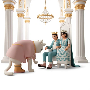 A cat dressed in a classic Puss in Boots outfit, complete with a wide-brimmed hat and sturdy boots, is bowing gracefully. The cat's expression is respectful, with one paw extended slightly forward as it lowers its head. In front of the cat, a king, adorned in a lavish robe and a golden crown, sits on an ornate throne. Next to him, a queen, wearing an elegant gown with intricate patterns and a tiara, looks on with a pleased expression. The grand hall is filled with tall columns, rich tapestries, and a large chandelier hanging from the ceiling, illuminating the scene.