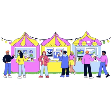 Stalls displaying various colorful paintings at an art festival. Each stall is covered with a bright canopy that adds to the vibrant atmosphere. The paintings feature a variety of themes, including abstract designs, landscapes, and animal portraits. Artisans stand beside their displays, engaging with festival visitors. Some attendees are admiring the artwork, while others are discussing the pieces with the artists. The ground is covered with grass, and there are decorative string lights hanging between the stalls, creating a festive feel.