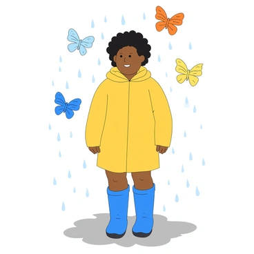 A person with medium skin standing in the rain, wearing a bright yellow raincoat and blue rain boots. Their hair is dark and curly, framing their face. Around them, colorful butterflies of various sizes, including blue, orange, and yellow, are fluttering gracefully, creating a protective circle. The rain falls in soft droplets, splashing on the pavement and adding a sense of movement to the scene. The person's expression is one of calmness, as they enjoy the unique shelter provided by the butterflies. A few puddles are visible on the ground, reflecting the vibrant colors of the butterflies.