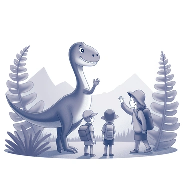 A friendly dinosaur stands in a lush prehistoric landscape filled with large ferns and ancient trees. The dinosaur has a gentle expression, with a broad smile and large, inviting eyes. It raises one of its tiny arms in a friendly wave towards a group of tiny children explorers, who are wearing safari hats and backpacks. The children are gazing up at the dinosaur with excitement and curiosity. In the background, distant peaks rise, suggesting a vast, untouched wilderness. The scene is alive with the presence of other prehistoric plants and the sounds of a vibrant ecosystem.