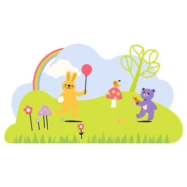 A whimsical scene featuring a vibrant green meadow under a clear blue sky. In the center, there are playful characters including a bright yellow bunny hopping, a purple bear holding a red balloon, and a small orange bird perched on a colorful mushroom. The characters are surrounded by blooming flowers of various colors. A rainbow arcs across the sky, adding to the cheerful atmosphere. In the background, a whimsical tree with spiraled branches adds a touch of fantasy to the scene.