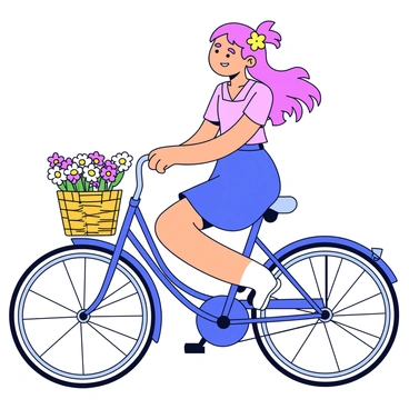 A pinup girl is riding a classic bicycle with large, vintage wheels. She has long, flowing hair adorned with colorful flowers, adding a cheerful touch. The bicycle features a wicker basket at the front, brimming with fresh daisies. The girl is dressed in a playful outfit, with a fitted top and a knee-length skirt that flutters as she rides. The scene is sunny, with a clear blue sky in the background.