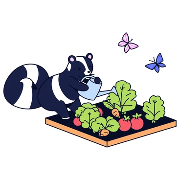 A skunk with distinct black and white stripes is gently tending to a vegetable garden. The garden features a variety of lush green plants, including vibrant tomatoes, leafy lettuce, and bright orange carrots peeking from the soil. The skunk is holding a light blue watering can, which it is using to water the plants. Surrounding the garden are neat wooden planks acting as borders, and in the background, there are a few butterflies fluttering around, adding a touch of life to the scene.