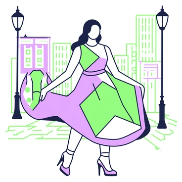 A fashion model is standing confidently in an urban environment, showcasing a dress featuring geometric patterns. The dress has sharp angles and bold shapes, with a fitted bodice and a flowing skirt that adds movement to the overall look. The model has long hair styled elegantly, and she is wearing stylish shoes that complement her outfit. Around her, the urban setting includes tall buildings, streetlights, and pavement, creating a dynamic backdrop for the scene. The overall composition balances the model's striking appearance with the architectural elements of the city.