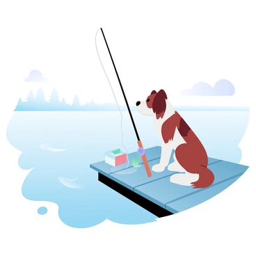 A dog with a short coat is sitting patiently at the edge of a wooden dock. The dog is focused intently on a fishing rod that is propped up beside it. The dock extends over a calm body of water, with gentle ripples reflecting the gradient pastel colors of the sky above. Nearby, a tackle box rests on the dock, adding to the fishing theme. In the background, soft outlines of distant trees fade into the horizon.