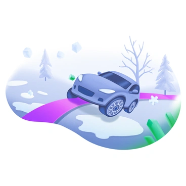 A scene depicting a car sliding on an icy road. The car is shown in a dynamic position, skidding sideways with visible tire marks on the surface. Ice glistens under the car's tires, illustrating the low friction. Surrounding the car, snowflakes gently fall from a gray sky, adding to the cold atmosphere. In the background, a few trees can be seen, their branches frosted with ice.