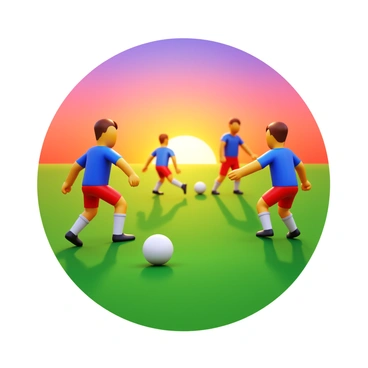 A group of football players wearing jerseys and shorts is practicing on a grassy field. The scene shows three players, one dribbling a ball, another preparing to pass, and a third defending. The sun is setting in the background, casting long shadows of the players across the field. The sky is vibrant with shades of orange, pink, and purple as the day turns into evening. The football is bright white, contrasting with the green grass beneath.