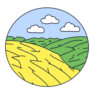 Fields of crops with distinct geometric patterns, showcasing rows of golden wheat and green corn. The crops are arranged in alternating sections, creating a visual rhythm across the landscape. Each pattern features smooth lines that curve and fold, evoking a sense of harmony. A bright blue sky stretches overhead, while a few fluffy white clouds drift lazily by.
