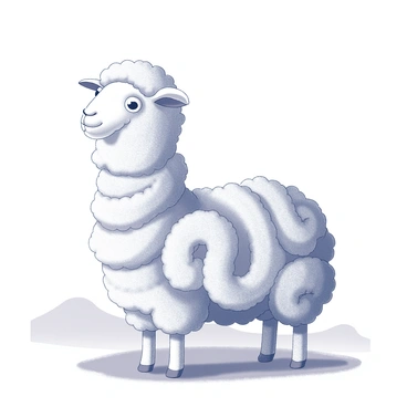A sheep standing on a grassy field, its body covered in fluffy wool. The wool is styled to spiral upwards, resembling the structure of an old-fashioned tower. The sheep's legs are short and sturdy, supporting the weight of its distinctive wool. The head of the sheep is turned slightly to the side, displaying its curious eyes and ears perked up. In the background, there are faint outlines of rolling hills to provide depth to the scene.